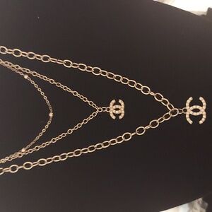 Designer Inspired Silver Tone Triple Layered Rhinestone Logo Necklace